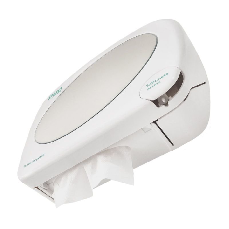 Dispenser plástico de parede para papel toalha e sabonete líquido, sem espelho.