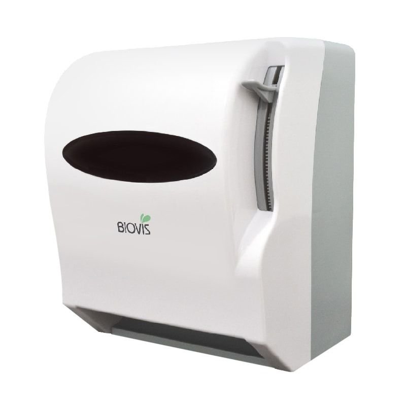 Dispenser plástico de papel toalha em bobina com alavanca e corte manual do papel