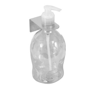 Saboneteira plástica modelo "pump" com suporte para parede em aço inox