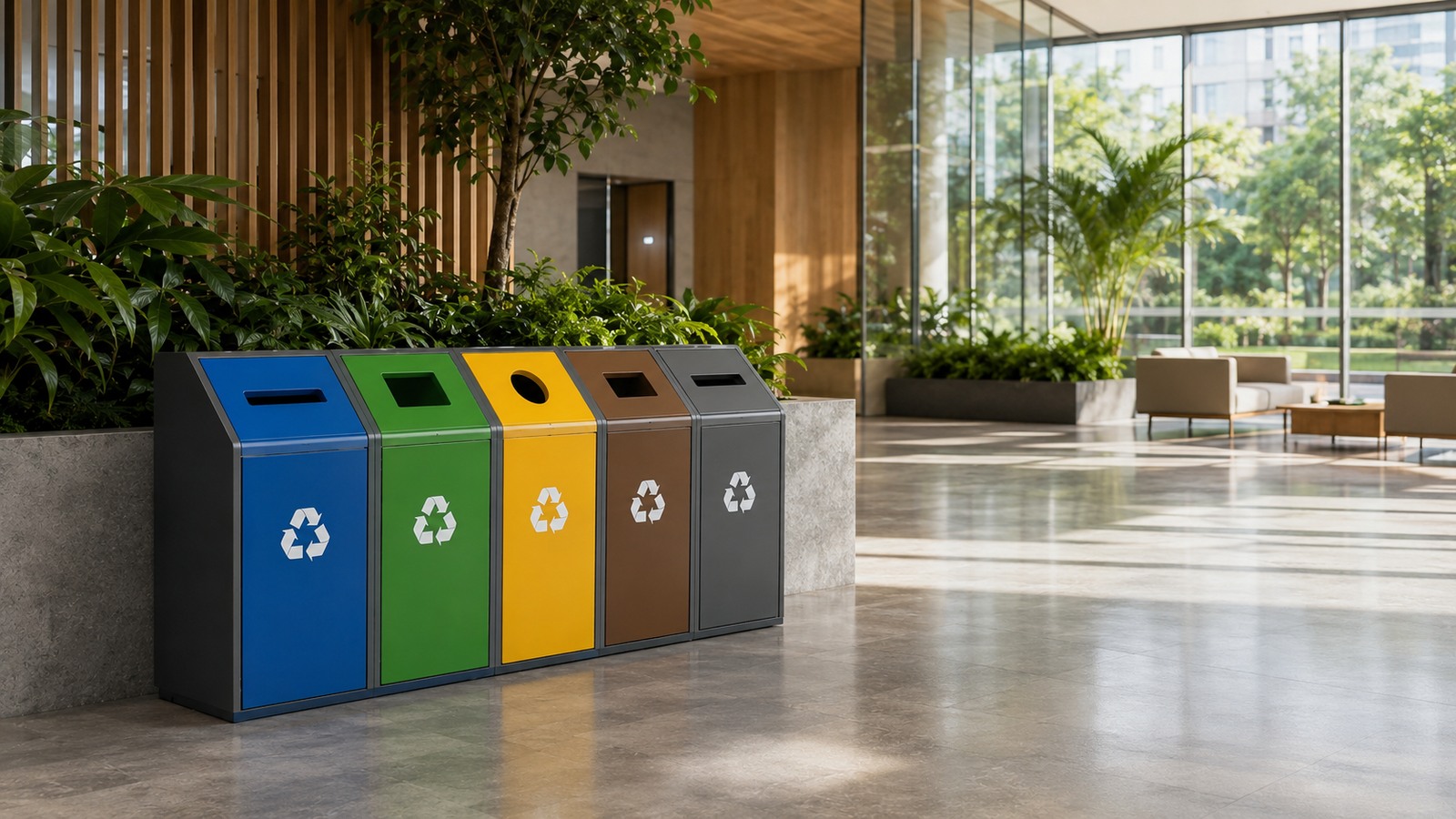 Conjunto profissional de lixeiras para coleta seletiva em ambiente corporativo