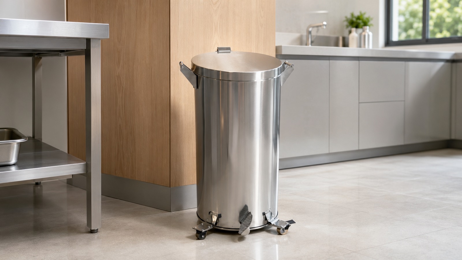Lixeira profissional de aço inox com pedal em ambiente de uso