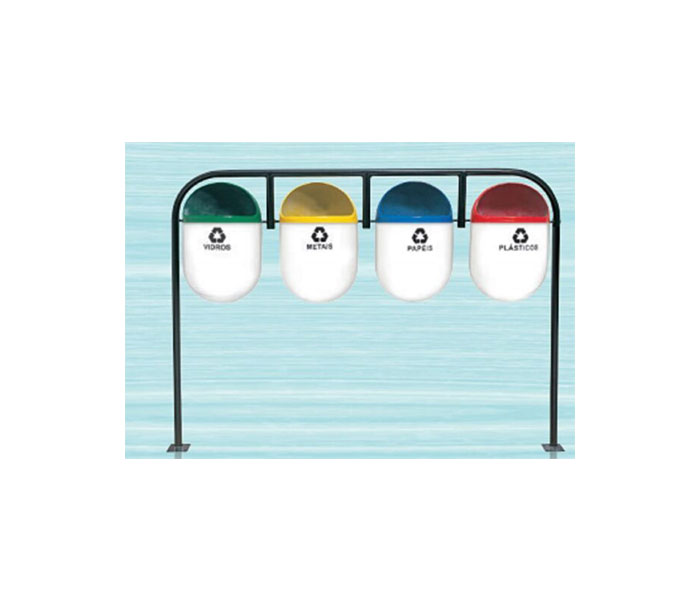 Conjunto de coleta seletiva em fibra de vidro com 4 cestos formato kinder.