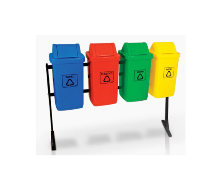 Lixeira de coleta seletiva em fibra de vidro com 4 cestos com tampa vai e vem.