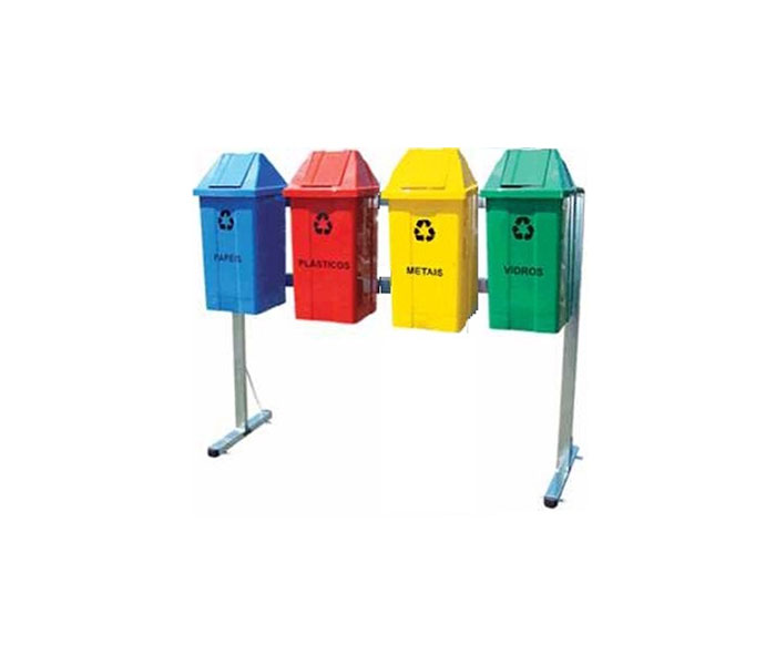 Conjunto de coleta seletiva com Quatro Lixeiras tampa Vai e vem com suporte 25 litros cada