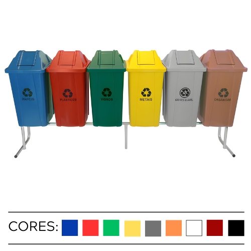 Miniatura de Lixeira para coleta seletiva 06 cestos quadrados com tampa vai e vem 60 litros